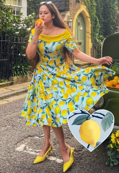 Darlene Blue Lemon Flared Dress – New In | Kitty Darling