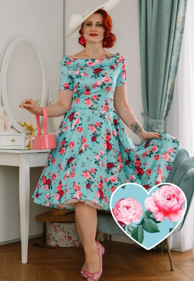 Darlene 50s Style Rose Floral Off Shoulder Swing Dress in Aqua Blue – Just Landed | Kitty Darling