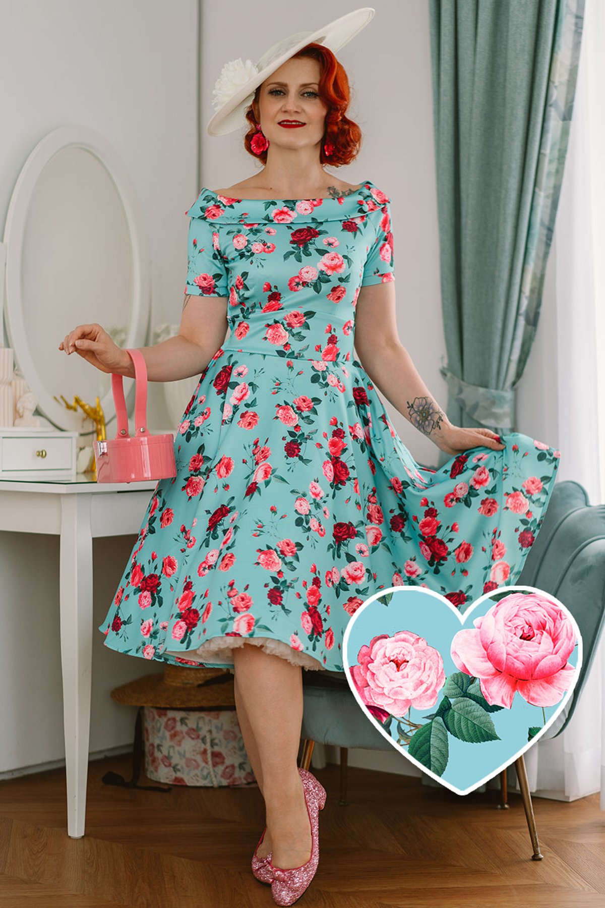 Darlene 50s Style Rose Floral Off Shoulder Swing Dress in Aqua Blue 1 Darlene 50s Style Rose Floral Off Shoulder Swing Dress in Aqua Blue