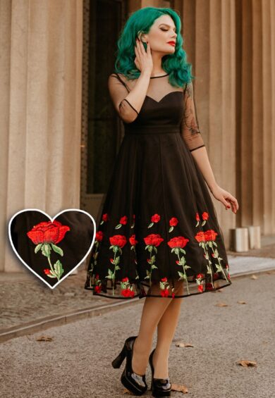 Ruby Black Evening Mesh Dress with Embroidered Roses – New In | Kitty Darling