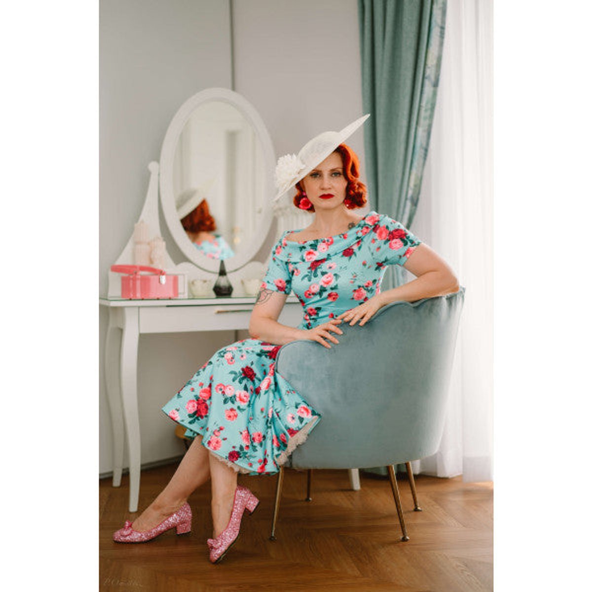 Darlene 50s Style Rose Floral Off Shoulder Swing Dress in Aqua Blue 4 Darlene 50s Style Rose Floral Off Shoulder Swing Dress in Aqua Blue - Image 4