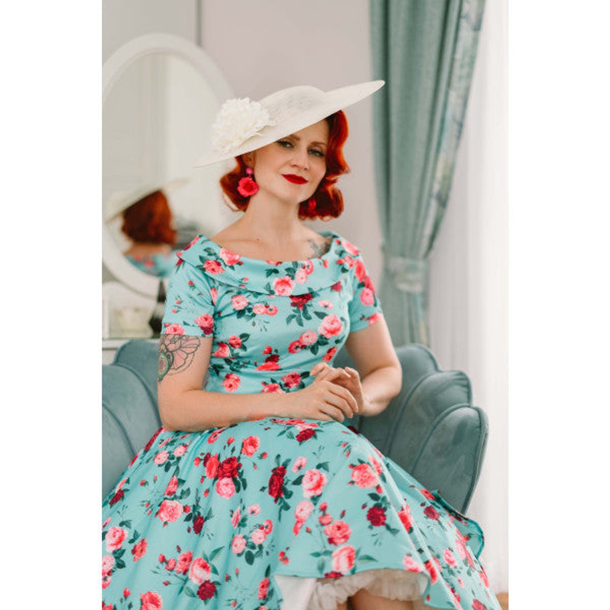 Darlene 50s Style Rose Floral Off Shoulder Swing Dress in Aqua Blue 5 Darlene 50s Style Rose Floral Off Shoulder Swing Dress in Aqua Blue - Image 5