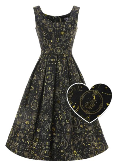 Amanda Black Gold Horoscope Swing Dress – New In | Kitty Darling