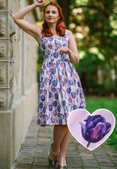 Amanda Lilac Scoop Neck Purple Tulip Print Dress – New In | Kitty Darling
