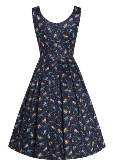 Amanda Multi-coloured Dinosaurs in Navy Blue Flared Dress – New In | Kitty Darling