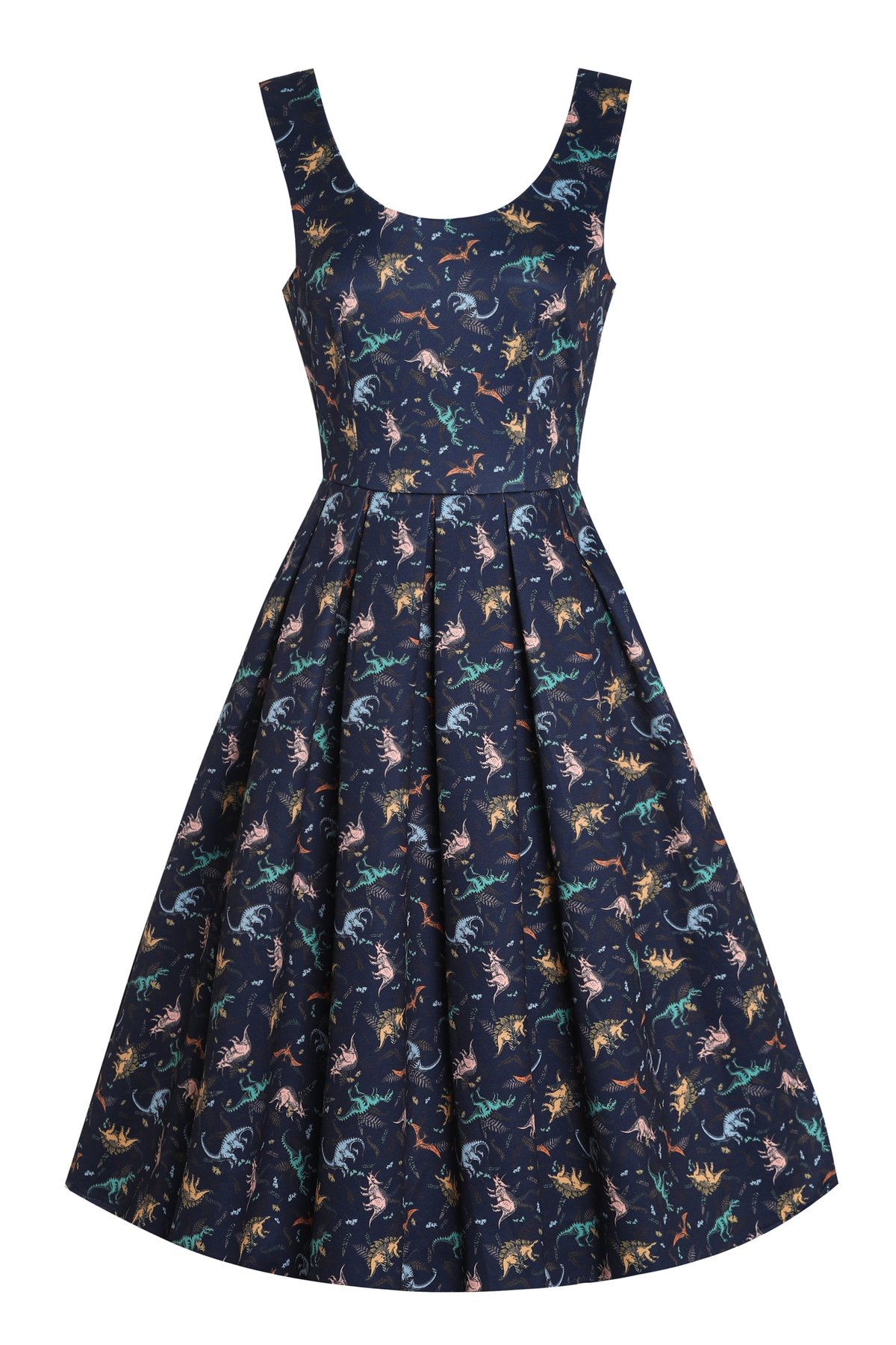 Amanda Multi-coloured Dinosaurs in Navy Blue Flared Dress 1 Amanda Multi-coloured Dinosaurs in Navy Blue Flared Dress