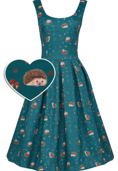 Amanda Scoop Neck Swing Dress in Green Hedgehog Print – New In | Kitty Darling