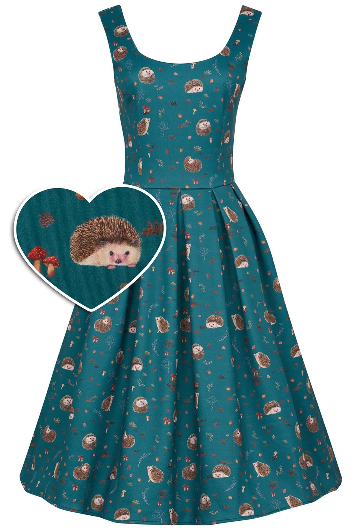 Amanda Scoop Neck Swing Dress in Green Hedgehog Print 1 Amanda Scoop Neck Swing Dress in Green Hedgehog Print
