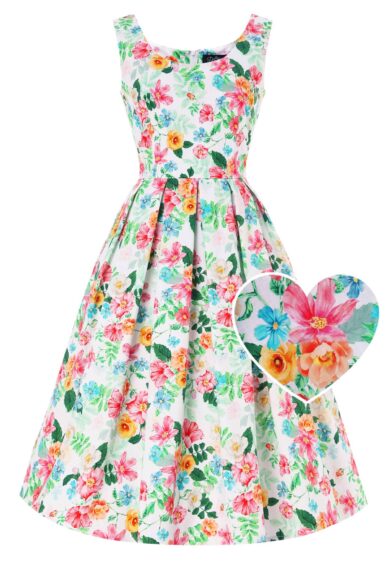 Amanda White Vintage Inspired Floral Flared Dress – New In | Kitty Darling