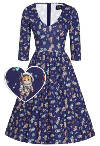Billie Long Sleeved Dress in Purple Cat Space Print – New In | Kitty Darling