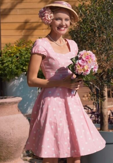 Claudia Pink Polka Dot Skater Dress – New In | Kitty Darling