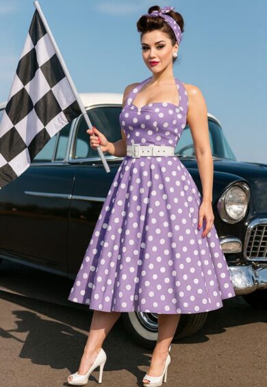 Daisy Lilac Polka Dot Halter Dress – New In | Kitty Darling