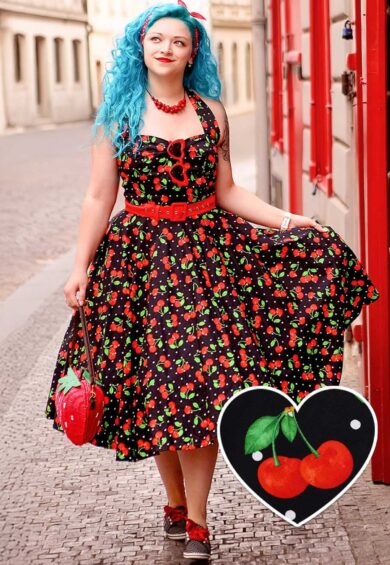 Daisy Red Cherry Halter Dress In Black – New In | Kitty Darling