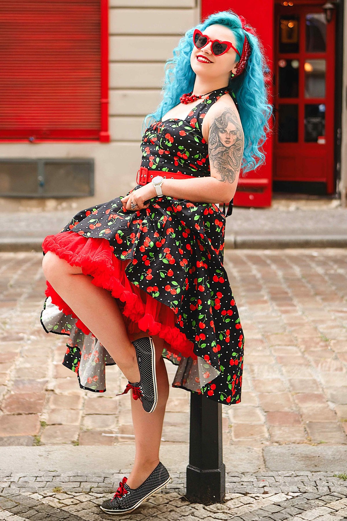 Daisy Red Cherry Halter Dress In Black 3 Daisy Red Cherry Halter Dress In Black - Image 3