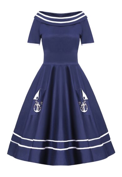 Darlene Navy Embroidered Anchor Nautical Dress – New In | Kitty Darling