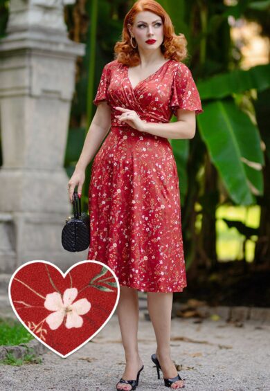 Donna Burgundy Dainty Floral Tea Dress – New In | Kitty Darling