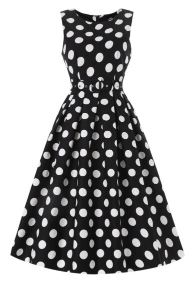 Helen Cotton Midi Dress In Black Spot Print – New In | Kitty Darling