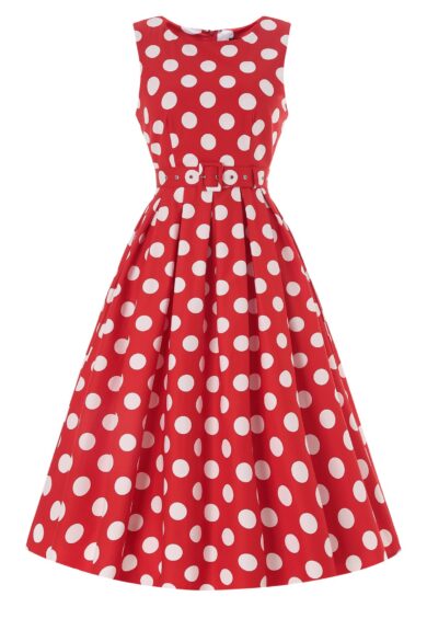 Helen Red Cotton Midi White Polka Dot Dress – New In | Kitty Darling
