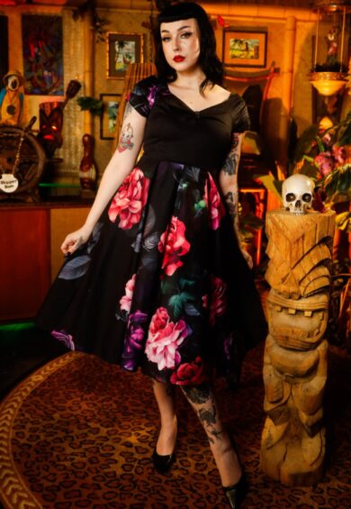 Lily Black Off The Shoulder Large Peony Print Flared Dress – New In | Kitty Darling