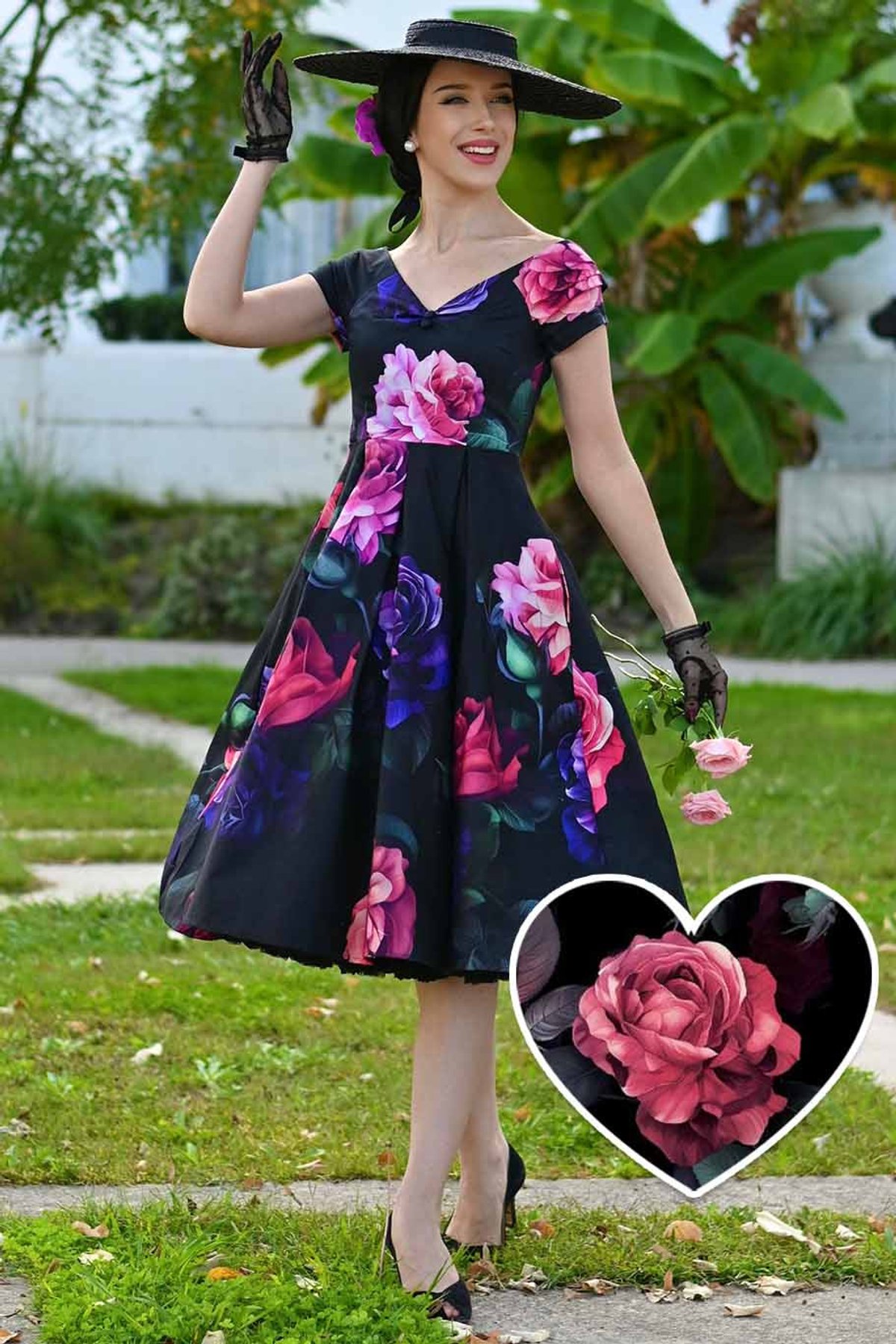 Lily Black Off The Shoulder Large Peony Print Flared Dress 3 Lily Black Off The Shoulder Large Peony Print Flared Dress - Image 3