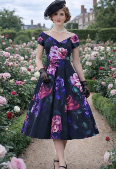 Lily Black Off The Shoulder Large Peony Print Flared Dress – New In | Kitty Darling