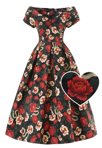 Lily Black Rockabilly Snake & Rose Off Shoulder Dress – New In | Kitty Darling