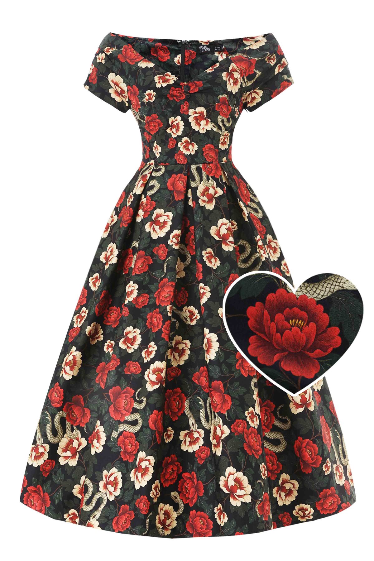 Lily Black Rockabilly Snake & Rose Off Shoulder Dress 1 Lily Black Rockabilly Snake & Rose Off Shoulder Dress