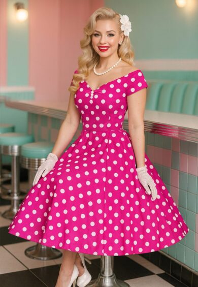 Lily Hot Pink Polka Dot Off Shoulder Dress – New In | Kitty Darling