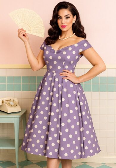 Lily Lilac Polka Dot Off Shoulder Dress – New In | Kitty Darling