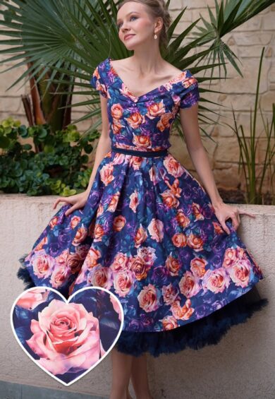Lily Purple Off The Shoulder Pink Rose Print Flared Dress – New In | Kitty Darling