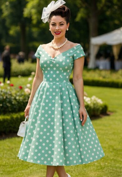 Lily Sage Green Polka Dot Off Shoulder Dress – New In | Kitty Darling