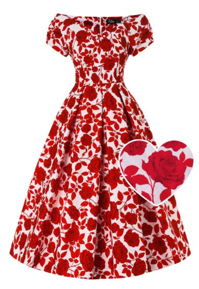 Lily White Red Shadow Rose Off Shoulder Dress – New In | Kitty Darling