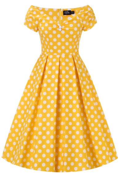 Lily Yellow Polka Dot Off Shoulder Dress – New In | Kitty Darling