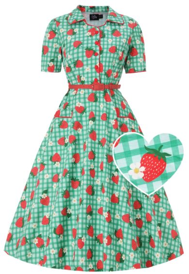 Mabel Green Strawberry Gingham Midi Shirt Dress – New In | Kitty Darling
