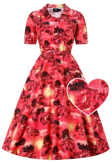 Mabel Red Sunset Midi Shirt Dress – New In | Kitty Darling
