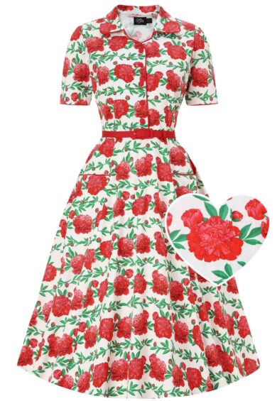 Mabel White Vintage Rose Midi Shirt Dress – New In | Kitty Darling