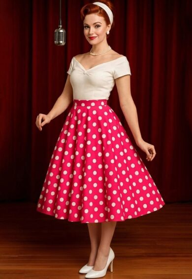 Maisie Hot Pink Polka Dot Full Circle Midi Skirt – New In | Kitty Darling
