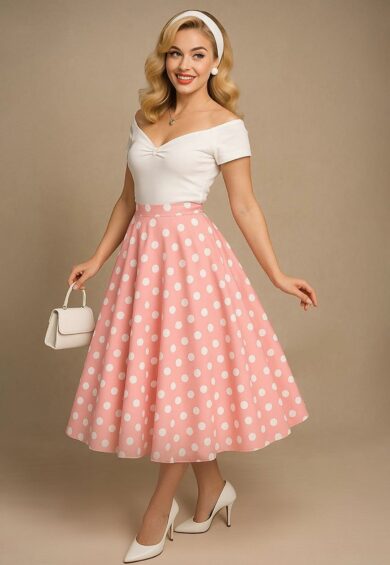 Maisie Light Pink Polka Dot Full Circle Midi Skirt – New In | Kitty Darling