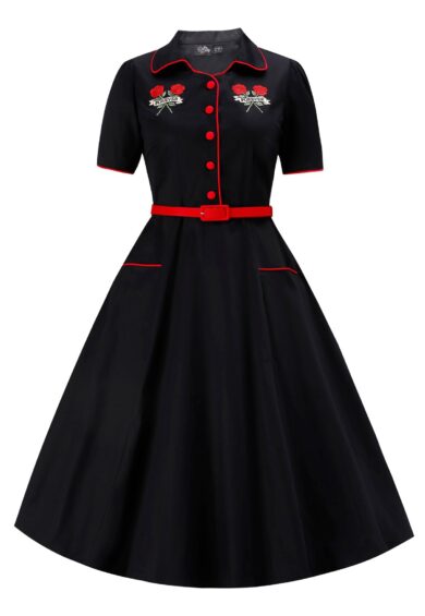 Penelope II Rose Embroidered Black Dress with Red Accents – New In | Kitty Darling