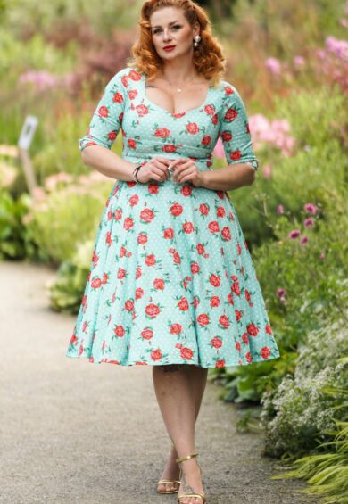 Scarlette Long Sleeved Light Blue Polka Dot And Roses Dress – New In | Kitty Darling