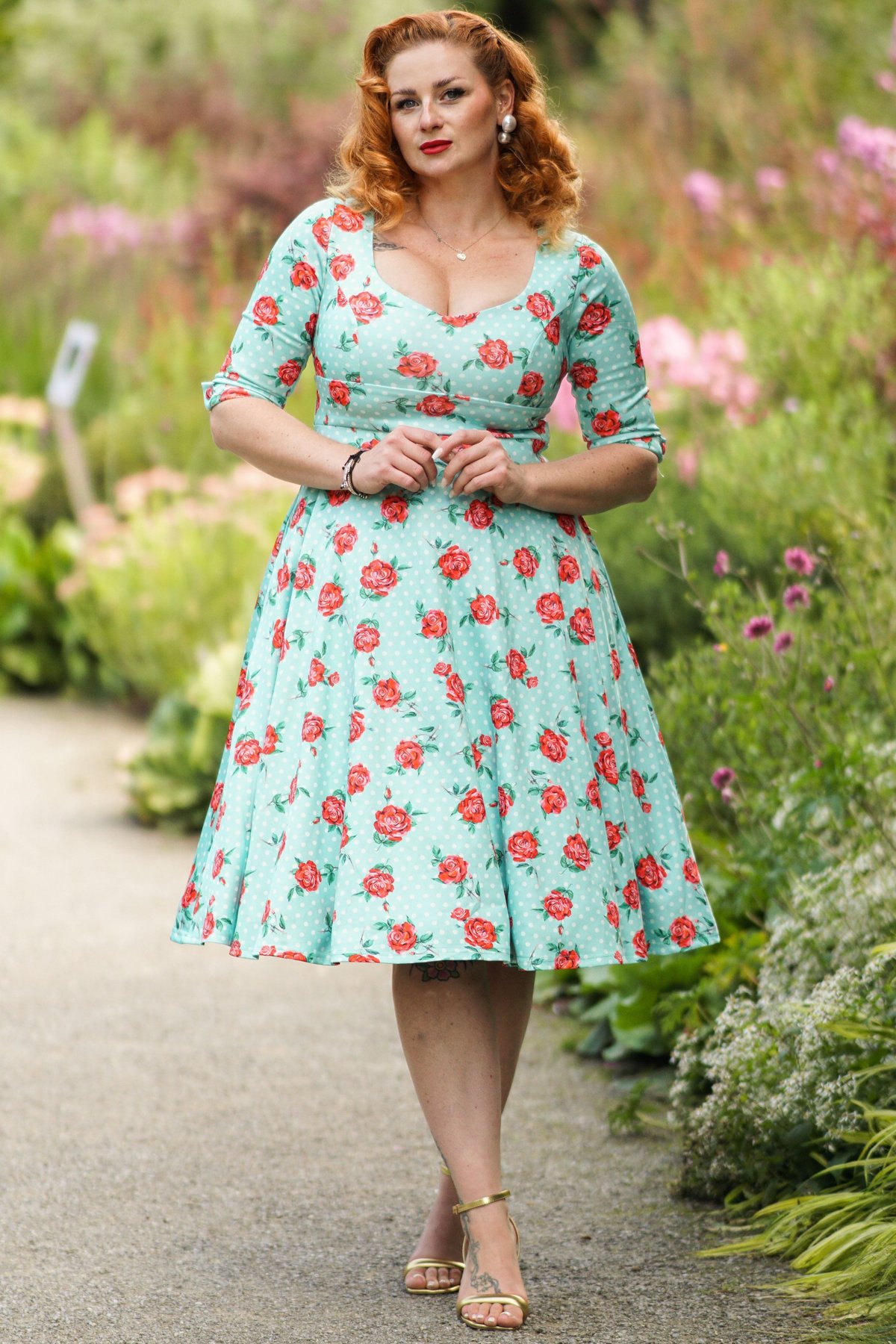 Scarlette Long Sleeved Light Blue Polka Dot And Roses Dress 2 Scarlette Long Sleeved Light Blue Polka Dot And Roses Dress - Image 2