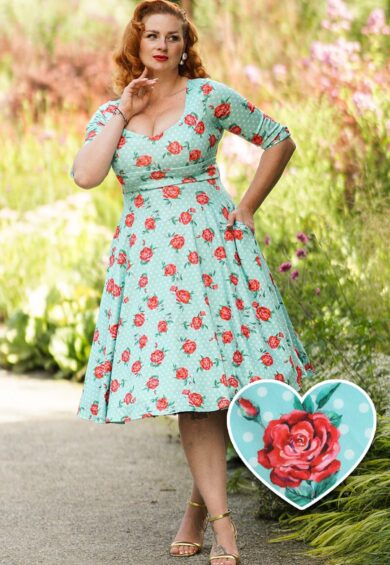 Scarlette Long Sleeved Light Blue Polka Dot And Roses Dress – New In | Kitty Darling