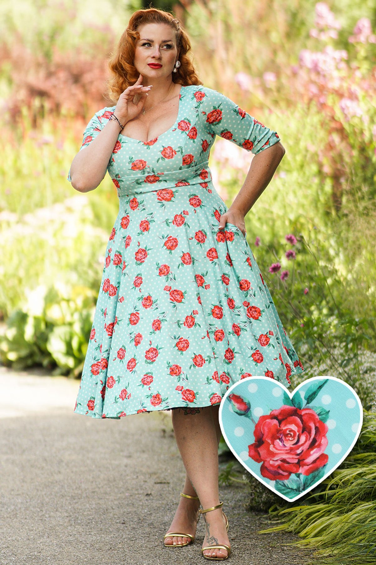 Scarlette Long Sleeved Light Blue Polka Dot And Roses Dress 1 Scarlette Long Sleeved Light Blue Polka Dot And Roses Dress