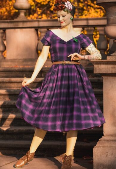 Lily White Tartan Off Shoulder Dress In Purple – Just Landed | Kitty Darling