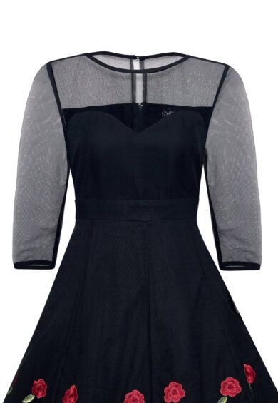 Ruby Black Evening Mesh Dress with Embroidered Roses – New In | Kitty Darling